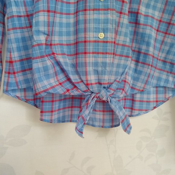 NWT J. Crew blue cotton plaid tie front button up shirt XS - Picture 3 of 11